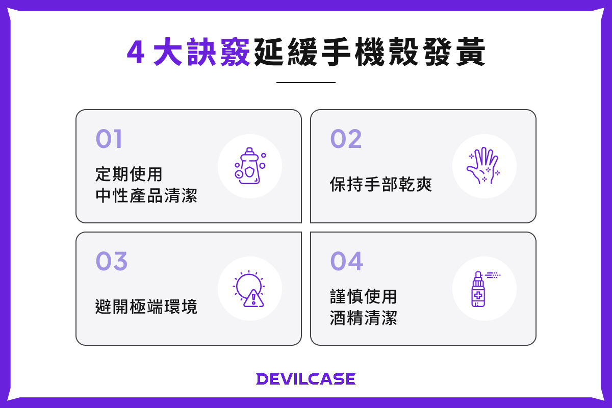 4 大訣竅延緩手機殼發黃:定期使用中性產品清潔、保持手部乾爽、避開極端環境、謹慎使用酒精清潔